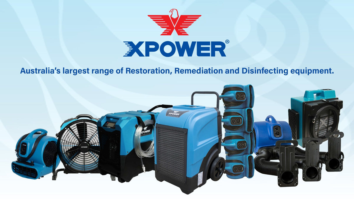 XPOWER air movers, LGR dehumidifier and HEPA air scrubber working together after water damage